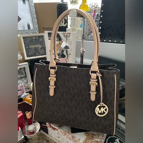 ✨ Michael Kors Signature Monogram Brown Leather Print Shoulder Bag✨LIKE NEW - Picture 1 of 14